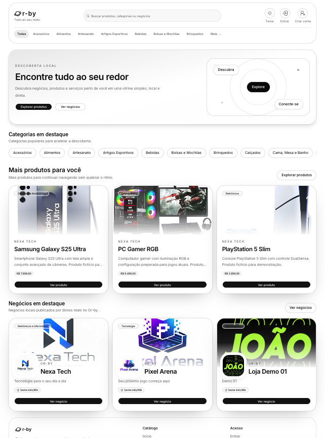 Página inicial do Or-by com produtos e negócios locais