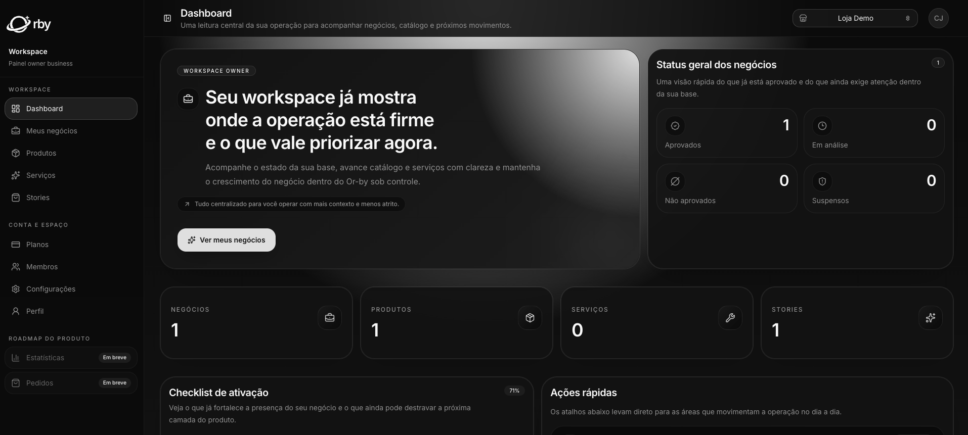 Dashboard do Or-by Hub para gerenciar negócio, produtos, serviços e stories